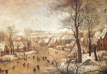 雪 Painting - 鳥罠のある雪の風景 農民 ジャンル ピーテル・ブリューゲル一世